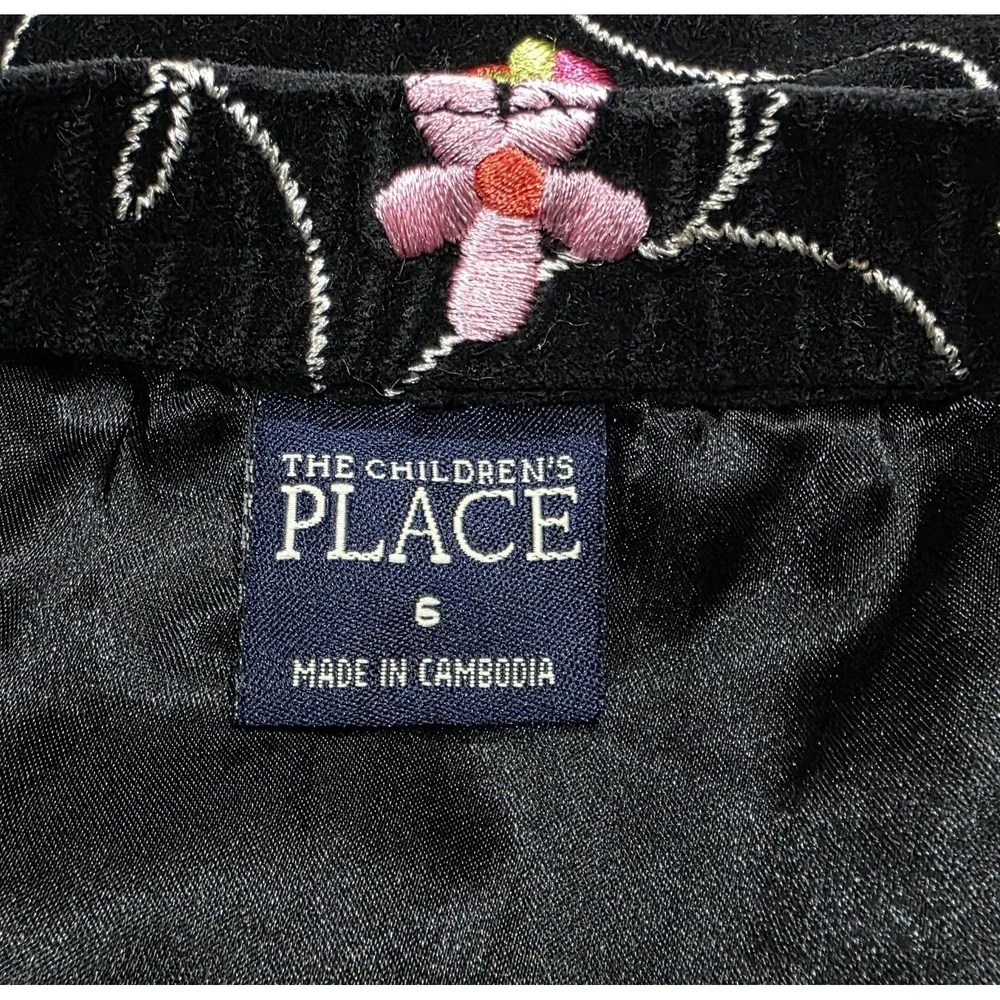 Y2k Children's Place Skirt Girls‎ 6 Vintage Black Velvet Floral Embroidered Bow